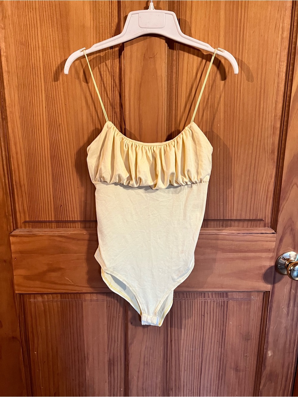 gaze Cream Yellow Ruffle-Front Spaghetti Strap Bodysuit